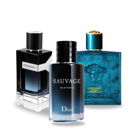 Zestaw promocyjny 3 perfum: Dior SAUVAGE, Yves Saint Laurent Y MEN y Versace EROS 100ml